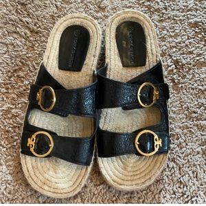 TORY BURCH double buckle espadrille flat sandals.